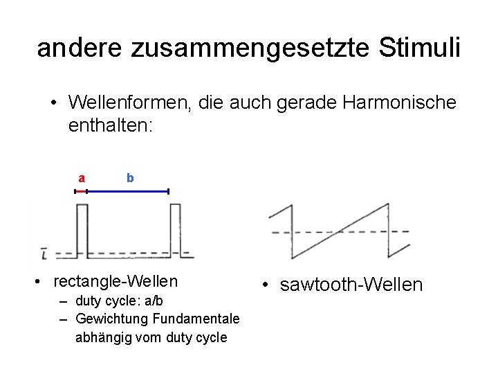 andere zusammengesetzte Stimuli • Wellenformen, die auch gerade Harmonische enthalten: a b • rectangle-Wellen