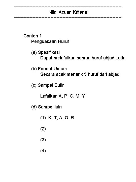 -----------------------------------Nilai Acuan Kriteria ------------------------------------ Contoh 1 Penguasaan Huruf (a) Spesifikasi Dapat melafalkan semua huruf