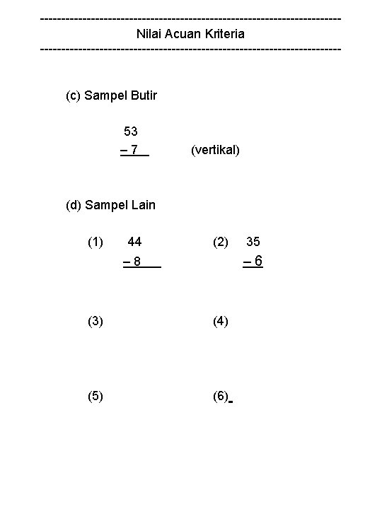 -----------------------------------Nilai Acuan Kriteria ------------------------------------ (c) Sampel Butir 53 – 7 (vertikal) (d) Sampel Lain