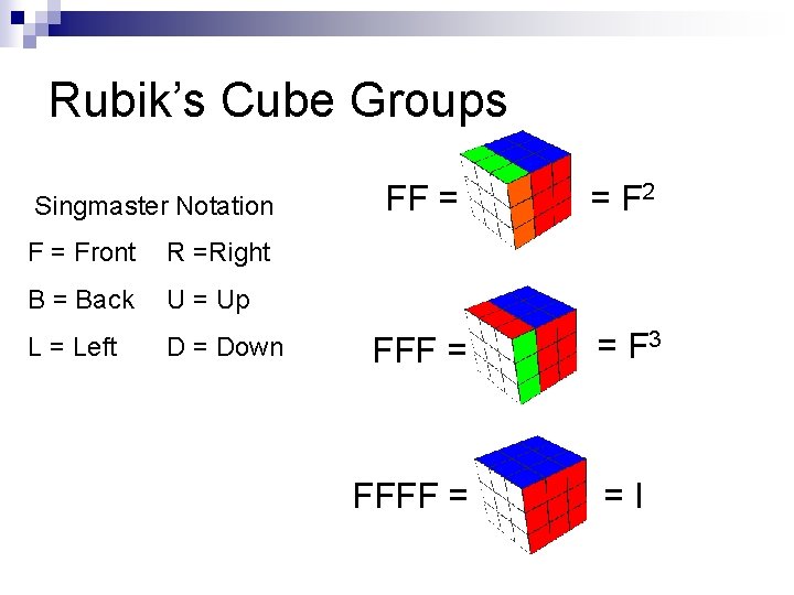 Rubik’s Cube Groups Singmaster Notation FF = = F 2 FFF = = F