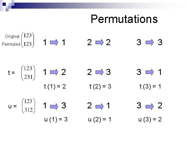 Permutations Original Permuted t = u = 1 1 2 2 3 3 1