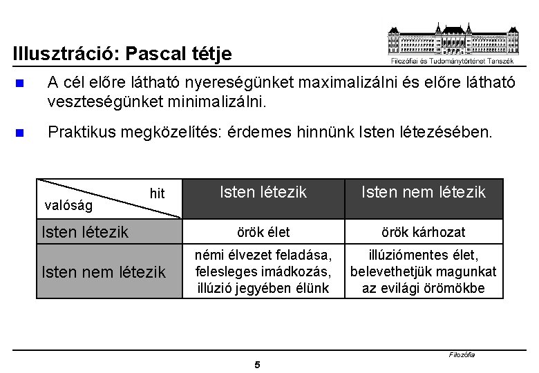 Illusztráció: Pascal tétje n A cél előre látható nyereségünket maximalizálni és előre látható veszteségünket