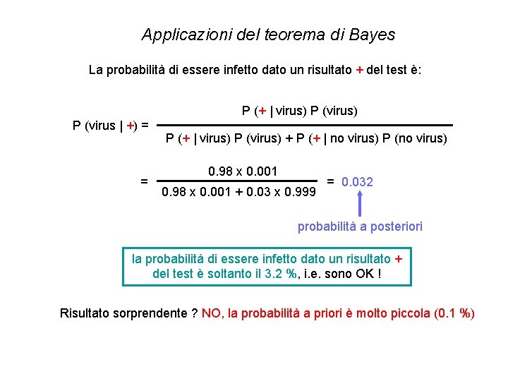 Applicazioni del teorema di Bayes La probabilità di essere infetto dato un risultato + Applicazioni del teorema di Bayes La probabilità di essere infetto dato un risultato +