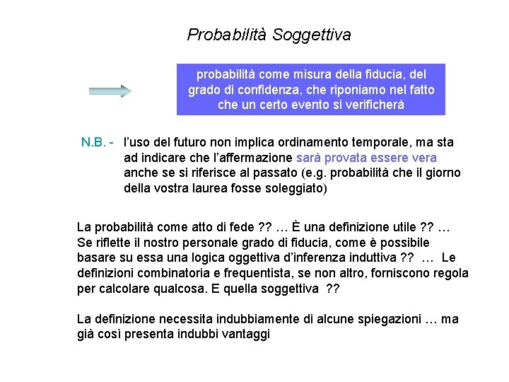 Probabilità Soggettiva probabilità come misura della fiducia, del grado di confidenza, che riponiamo nel Probabilità Soggettiva probabilità come misura della fiducia, del grado di confidenza, che riponiamo nel