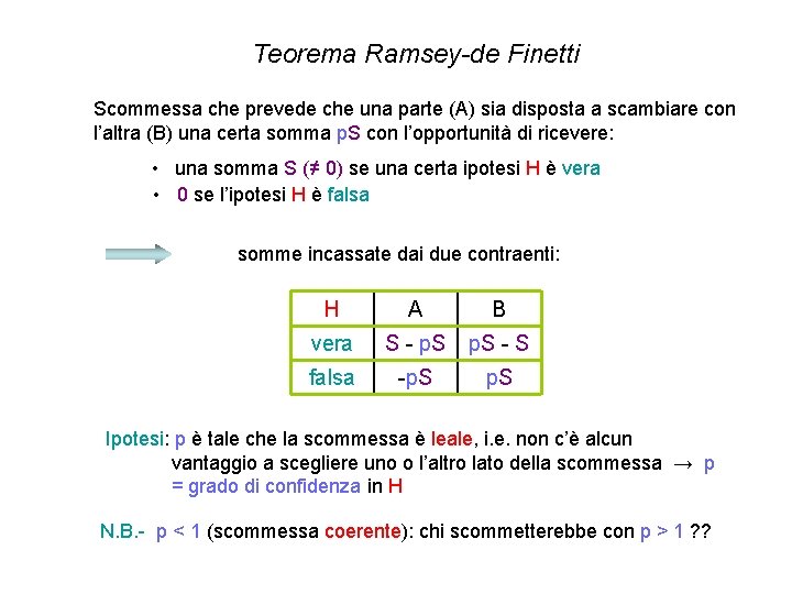 Teorema Ramsey-de Finetti Scommessa che prevede che una parte (A) sia disposta a scambiare Teorema Ramsey-de Finetti Scommessa che prevede che una parte (A) sia disposta a scambiare