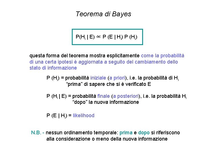 Teorema di Bayes P(Hi | E) ∝ P (E | Hi) P (Hi) questa Teorema di Bayes P(Hi | E) ∝ P (E | Hi) P (Hi) questa