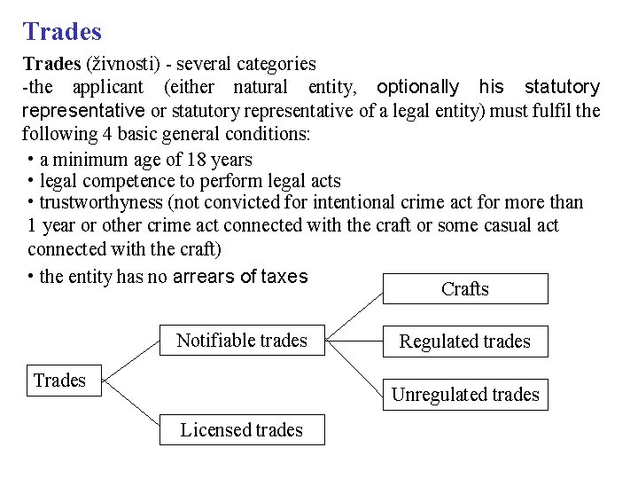 Trades (živnosti) - several categories -the applicant (either natural entity, optionally his statutory representative
