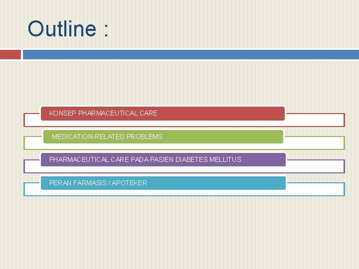 Outline : KONSEP PHARMACEUTICAL CARE MEDICATION-RELATED PROBLEMS PHARMACEUTICAL CARE PADA PASIEN DIABETES MELLITUS PERAN