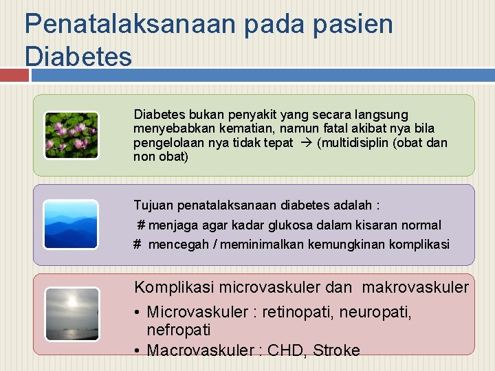 Penatalaksanaan pada pasien Diabetes bukan penyakit yang secara langsung menyebabkan kematian, namun fatal akibat