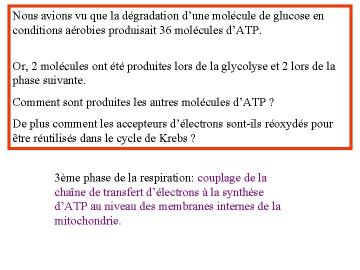 Nous avions vu que la dégradation d’une molécule de glucose en conditions aérobies produisait