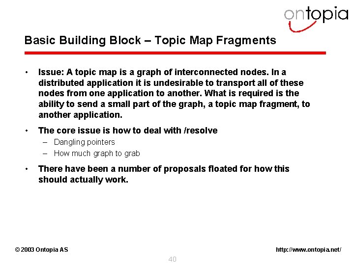 Basic Building Block – Topic Map Fragments • Issue: A topic map is a