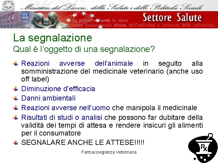 La segnalazione Qual è l’oggetto di una segnalazione? Reazioni avverse dell’animale in seguito alla