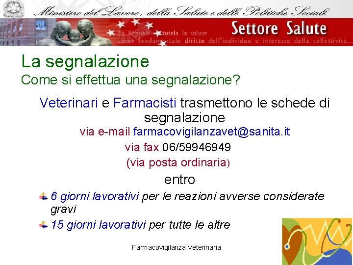 La segnalazione Come si effettua una segnalazione? Veterinari e Farmacisti trasmettono le schede di