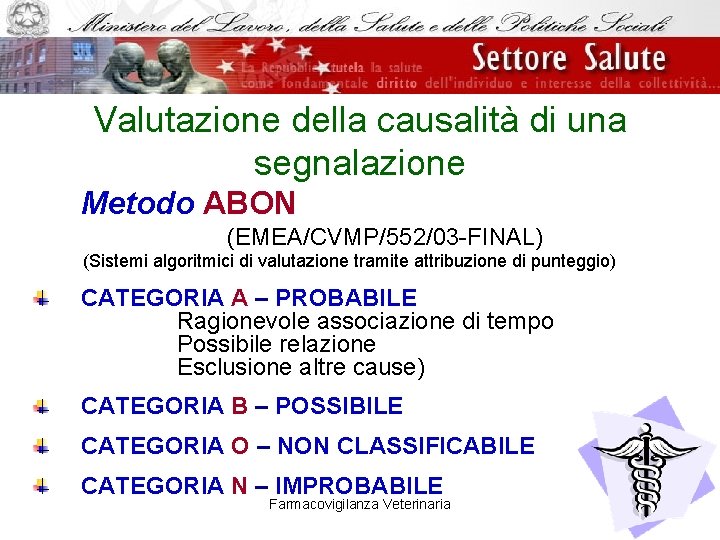 Valutazione della causalità di una segnalazione Metodo ABON (EMEA/CVMP/552/03 -FINAL) (Sistemi algoritmici di valutazione