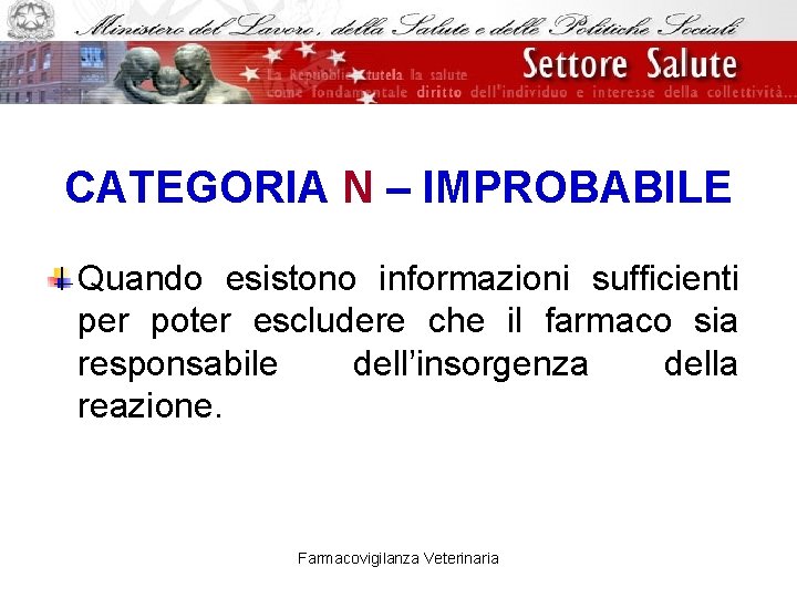 CATEGORIA N – IMPROBABILE Quando esistono informazioni sufficienti per poter escludere che il farmaco