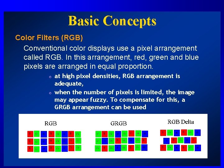 Basic Concepts Color Filters (RGB) Conventional color displays use a pixel arrangement called RGB.
