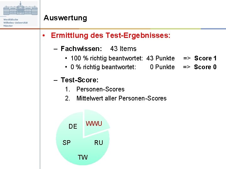 Auswertung • Ermittlung des Test-Ergebnisses: – Fachwissen: 43 Items • 100 % richtig beantwortet: