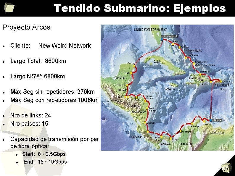 Tendido Submarino: Ejemplos Proyecto Arcos Cliente: New Wolrd Network Largo Total: 8600 km Largo