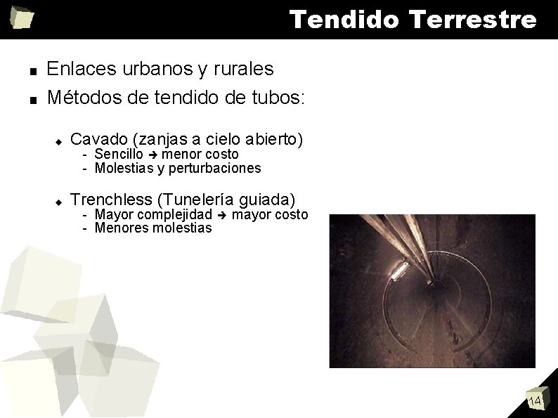 Tendido Terrestre ■ ■ Enlaces urbanos y rurales Métodos de tendido de tubos: Cavado