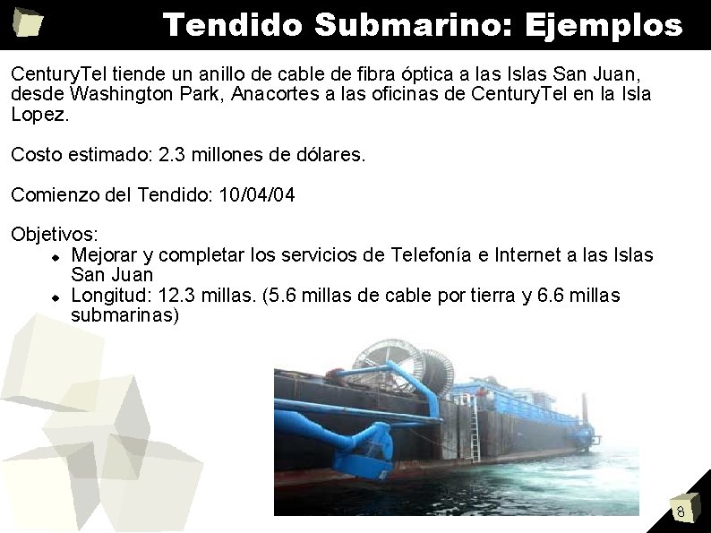 Tendido Submarino: Ejemplos Century. Tel tiende un anillo de cable de fibra óptica a