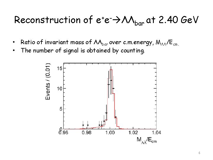 Reconstruction of e+e- ΛΛbar at 2. 40 Ge. V • Ratio of invariant mass