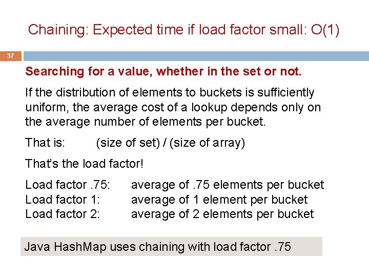 Chaining: Expected time if load factor small: O(1) 37 Searching for a value, whether