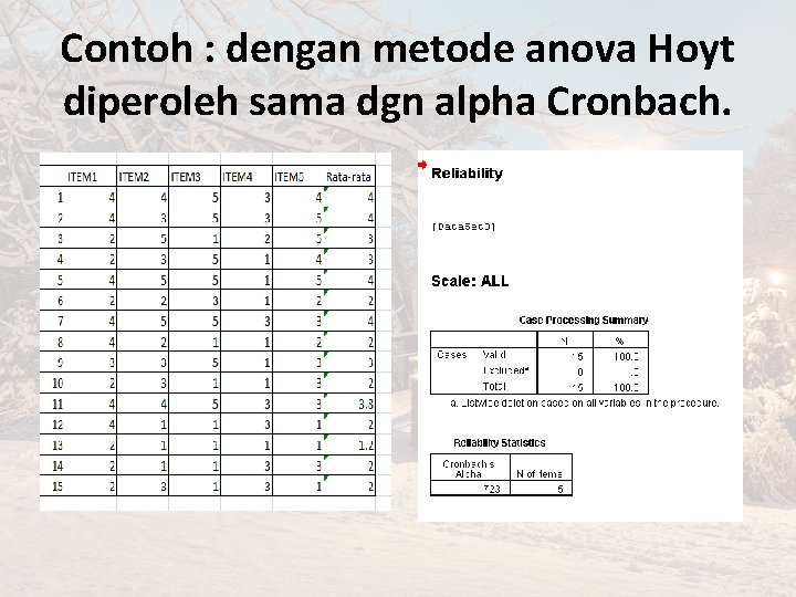 Contoh : dengan metode anova Hoyt diperoleh sama dgn alpha Cronbach. 