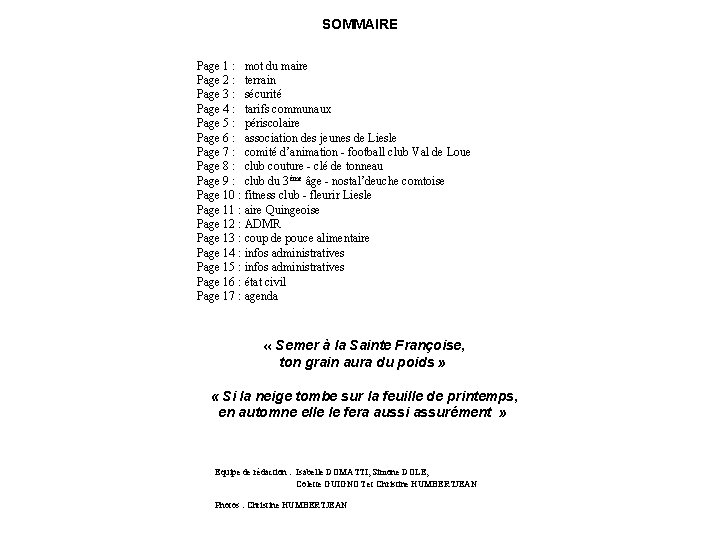 SOMMAIRE Page 1 : mot du maire Page 2 : terrain Page 3 :