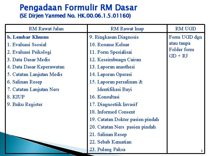 Pengadaan Formulir RM Dasar (SE Dirjen Yanmed No. HK. 00. 06. 1. 5. 01160)