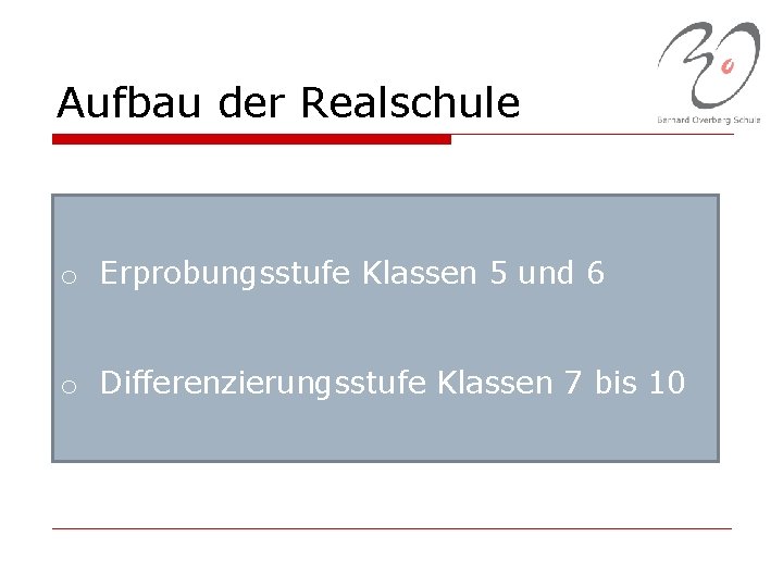 Aufbau der Realschule o Erprobungsstufe Klassen 5 und 6 o Differenzierungsstufe Klassen 7 bis