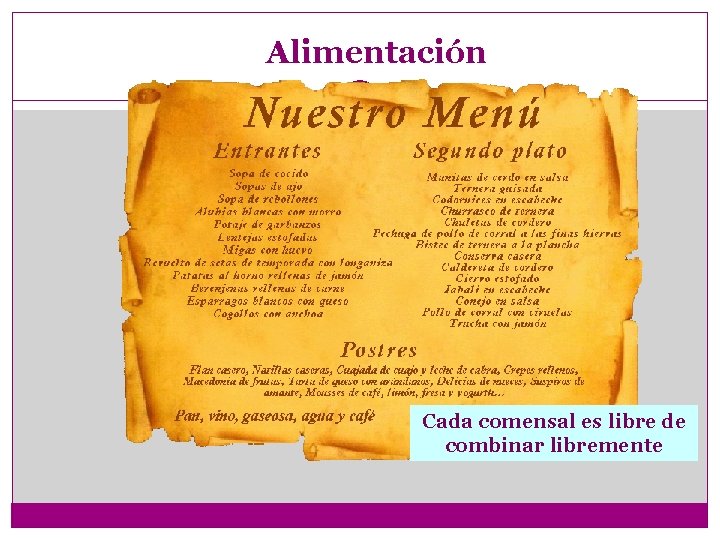 Alimentación Cada comensal es libre de combinar libremente 