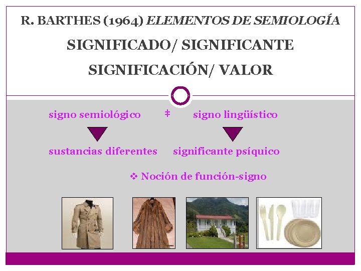 R. BARTHES (1964) ELEMENTOS DE SEMIOLOGÍA SIGNIFICADO/ SIGNIFICANTE SIGNIFICACIÓN/ VALOR signo semiológico sustancias diferentes