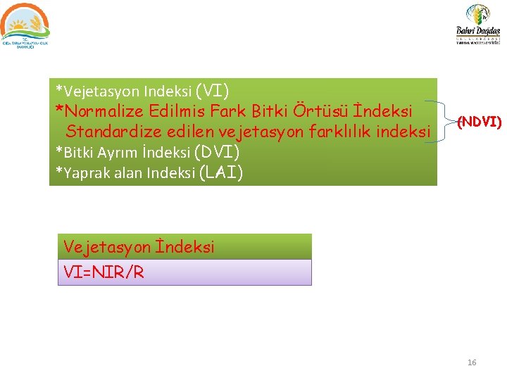 *Vejetasyon Indeksi (VI) *Normalize Edilmis Fark Bitki Örtüsü İndeksi Standardize edilen vejetasyon farklılık indeksi