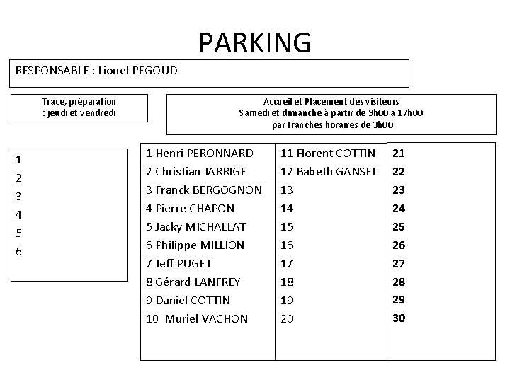 PARKING RESPONSABLE : Lionel PEGOUD Tracé, préparation : jeudi et vendredi 1 2 3