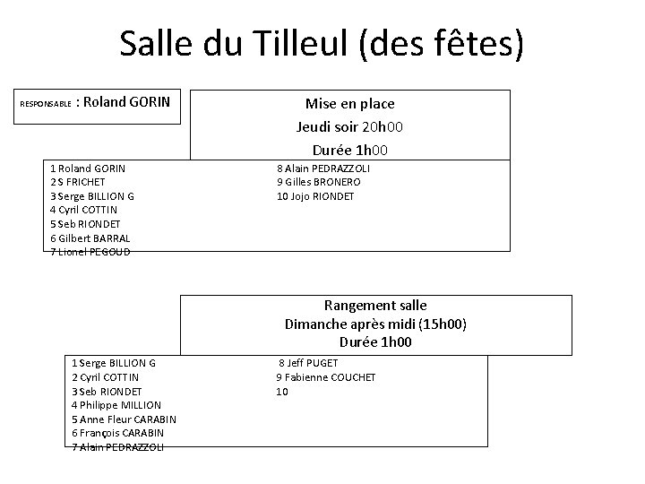 Salle du Tilleul (des fêtes) RESPONSABLE : Roland GORIN 1 Roland GORIN 2 S