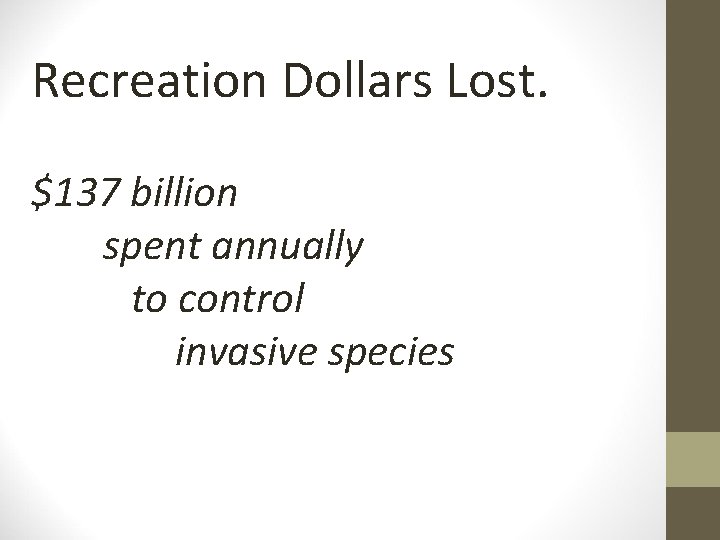 Recreation Dollars Lost. $137 billion spent annually to control invasive species 