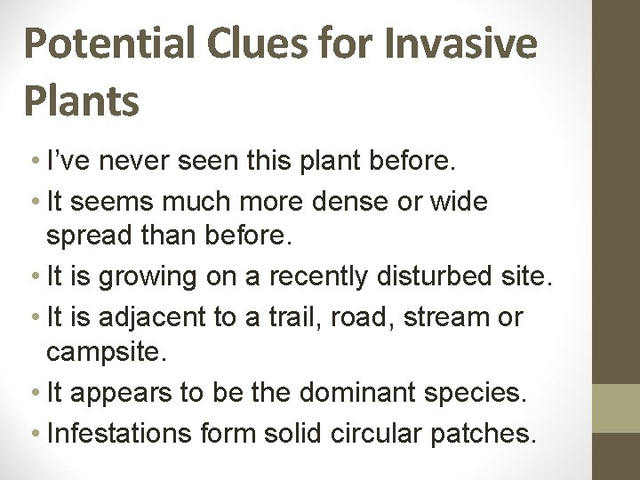 Potential Clues for Invasive Plants • I’ve never seen this plant before. • It