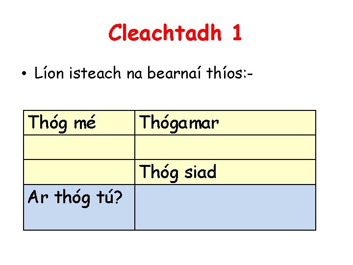 Cleachtadh 1 • Líon isteach na bearnaí thíos: - Thóg mé Thógamar Thóg siad