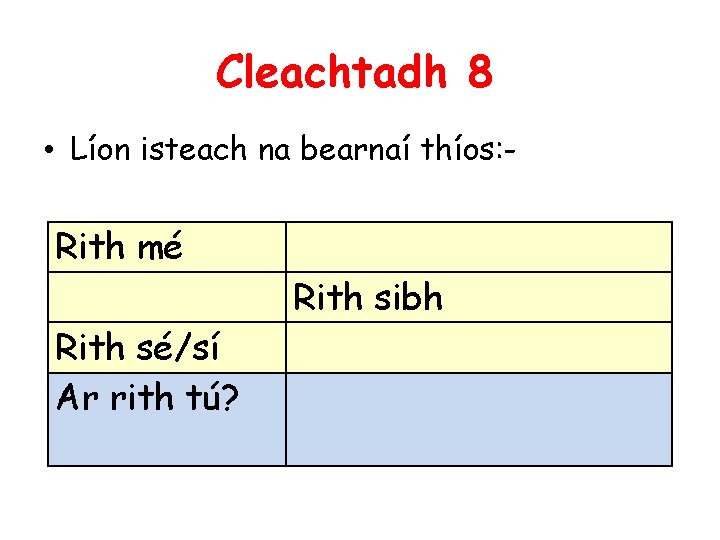 Cleachtadh 8 • Líon isteach na bearnaí thíos: - Rith mé Rith sibh Rith