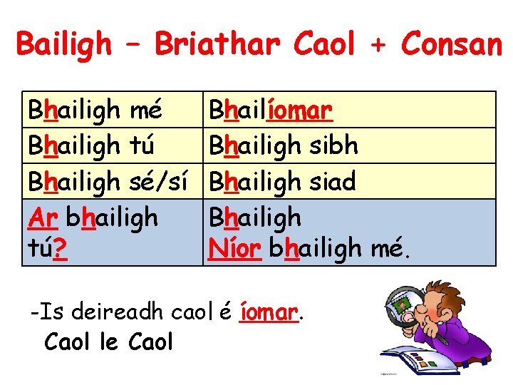 Bailigh – Briathar Caol + Consan Bhailigh mé Bhailigh tú Bhailigh sé/sí Ar bhailigh
