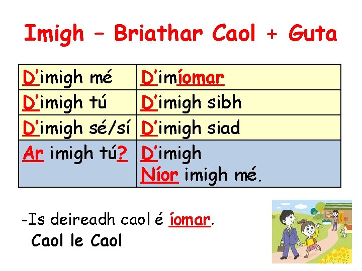 Imigh – Briathar Caol + Guta D’imigh mé D’imigh tú D’imigh sé/sí Ar imigh