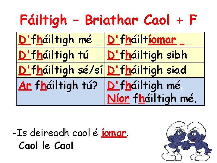 Fáiltigh – Briathar Caol + F D'fháiltigh mé D'fháiltigh tú D'fháiltigh sé/sí Ar fháiltigh