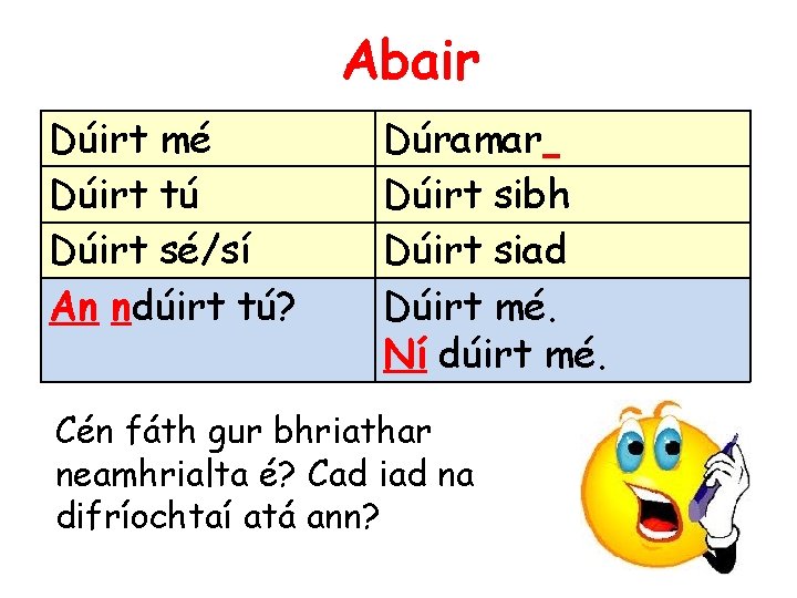 Abair Dúirt mé Dúirt tú Dúirt sé/sí An ndúirt tú? Dúramar Dúirt sibh Dúirt