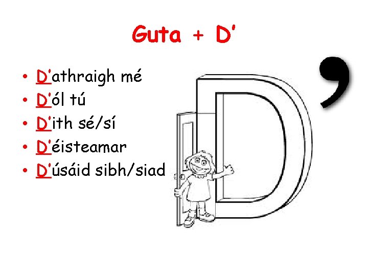 Guta + D’ • • • D’athraigh mé D’ól tú D’ith sé/sí D’éisteamar D’úsáid