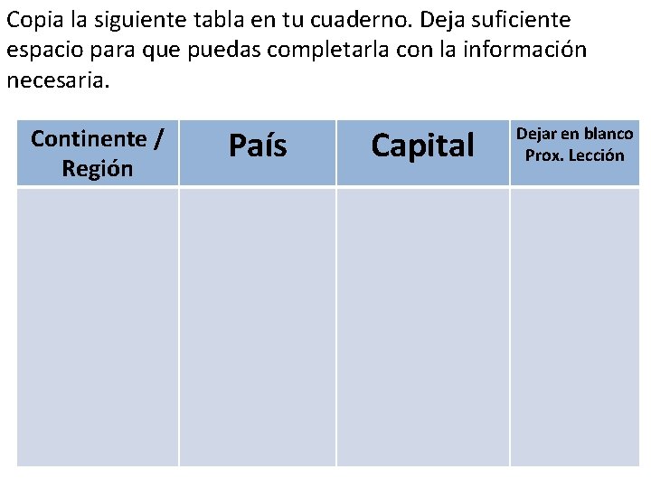 Copia la siguiente tabla en tu cuaderno. Deja suficiente espacio para que puedas completarla