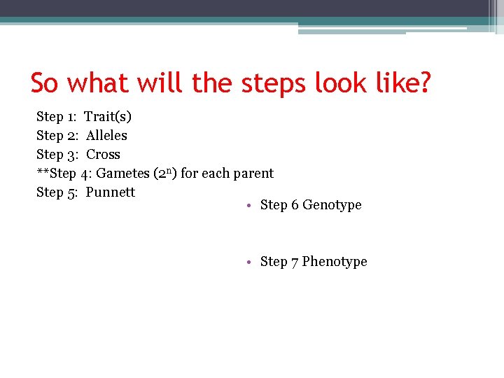 So what will the steps look like? Step 1: Trait(s) Step 2: Alleles Step