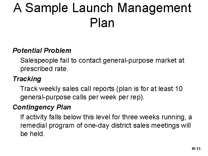 A Sample Launch Management Plan Potential Problem Salespeople fail to contact general-purpose market at