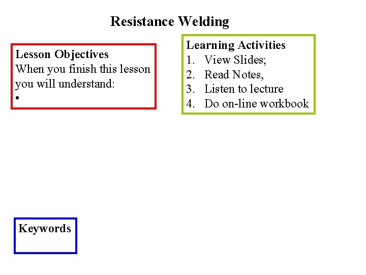 Resistance Welding Lesson Objectives When you finish this lesson you will understand: • Keywords