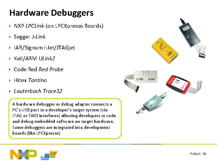 Hardware Debuggers NXP LPCLink (on LPCXpresso Boards) Segger J-Link IAR/Signum I-Jet/JTAGjet Keil/ARM ULink 2