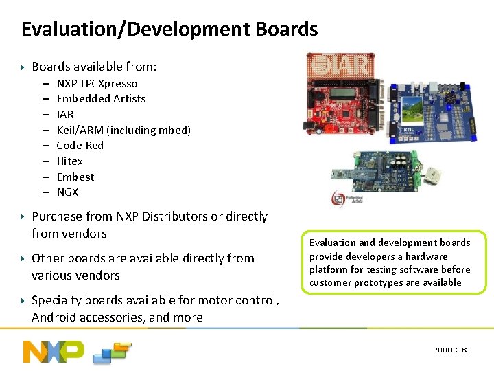 Evaluation/Development Boards available from: – – – – NXP LPCXpresso Embedded Artists IAR Keil/ARM